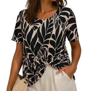 Quiet Luxury Black Cream Leaf Print Blouse Old Money Euro Chic Top